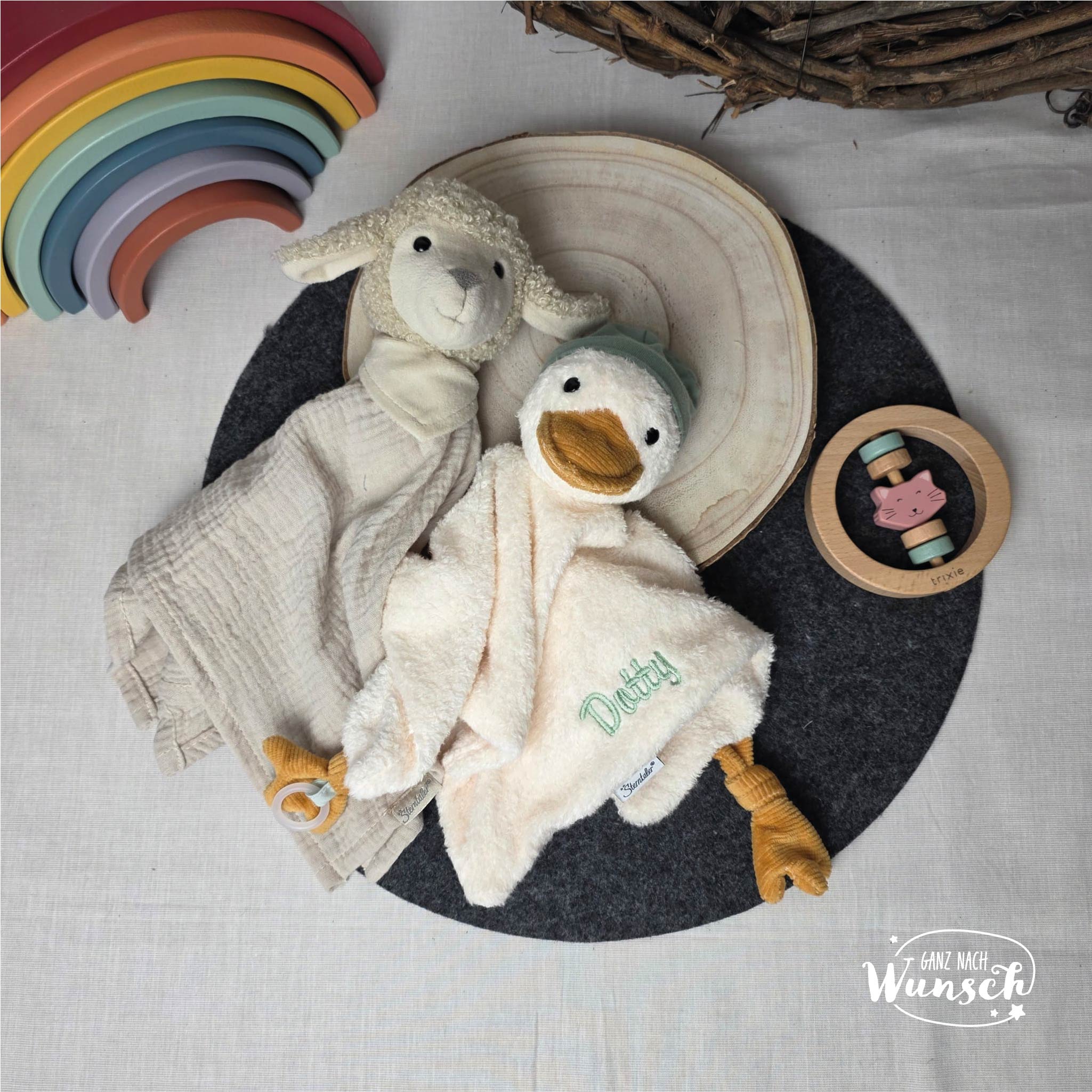 Sterntaler Schnuffeltuch „Lamm“ (Musselin) & „Ente“ (Plüsch) – personalisiert mit Namen