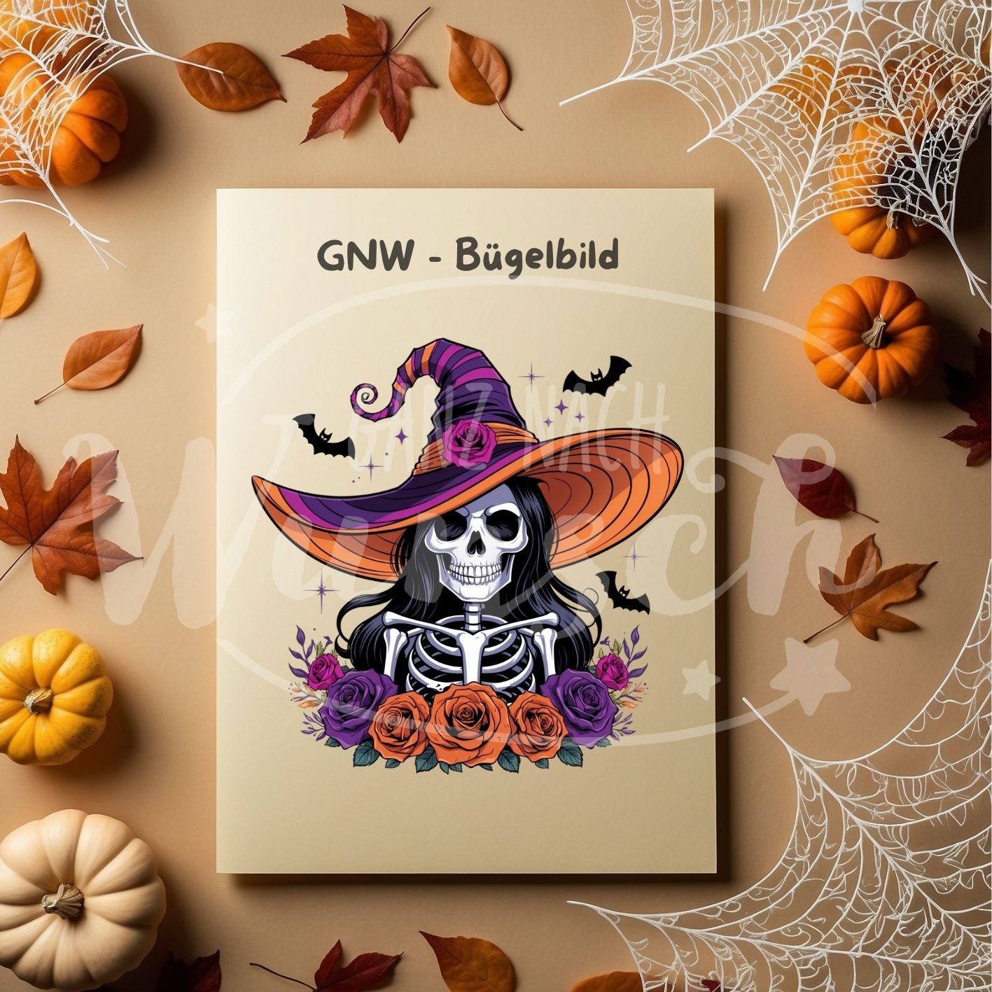 Bügelbild - Skeletthexe mit Blumenkranz - Gruselig & Elegant - GNW_600026