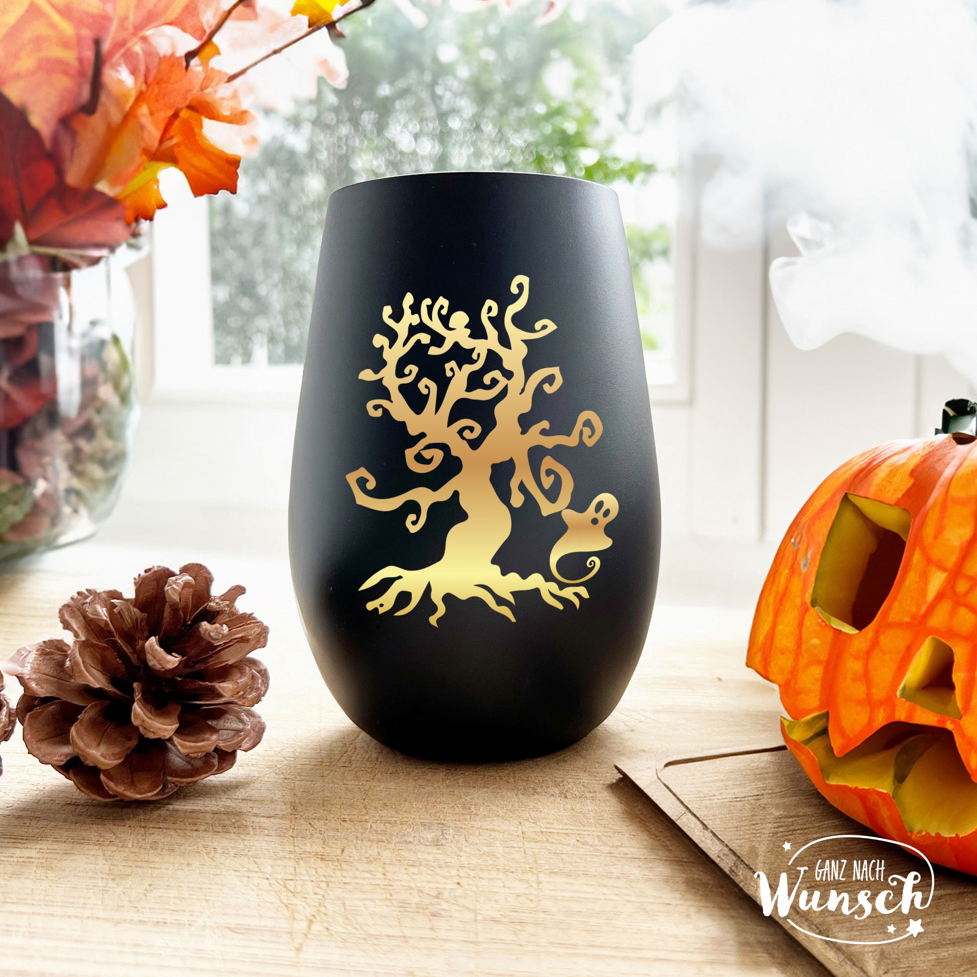 Halloween - Gruseliger Baum mit Geist - Graviertes Windlicht