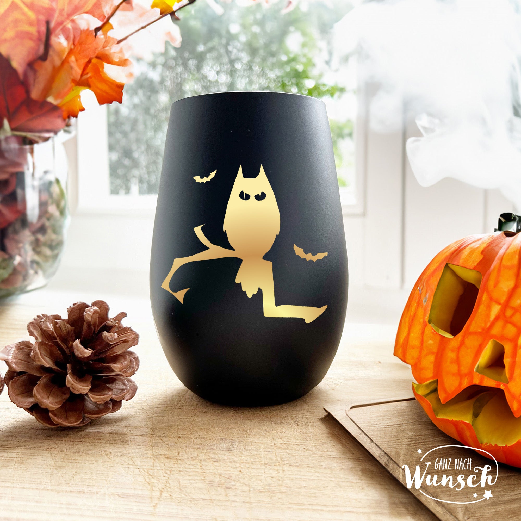 Halloween - Gruselige Eule auf Ast - Graviertes Windlicht