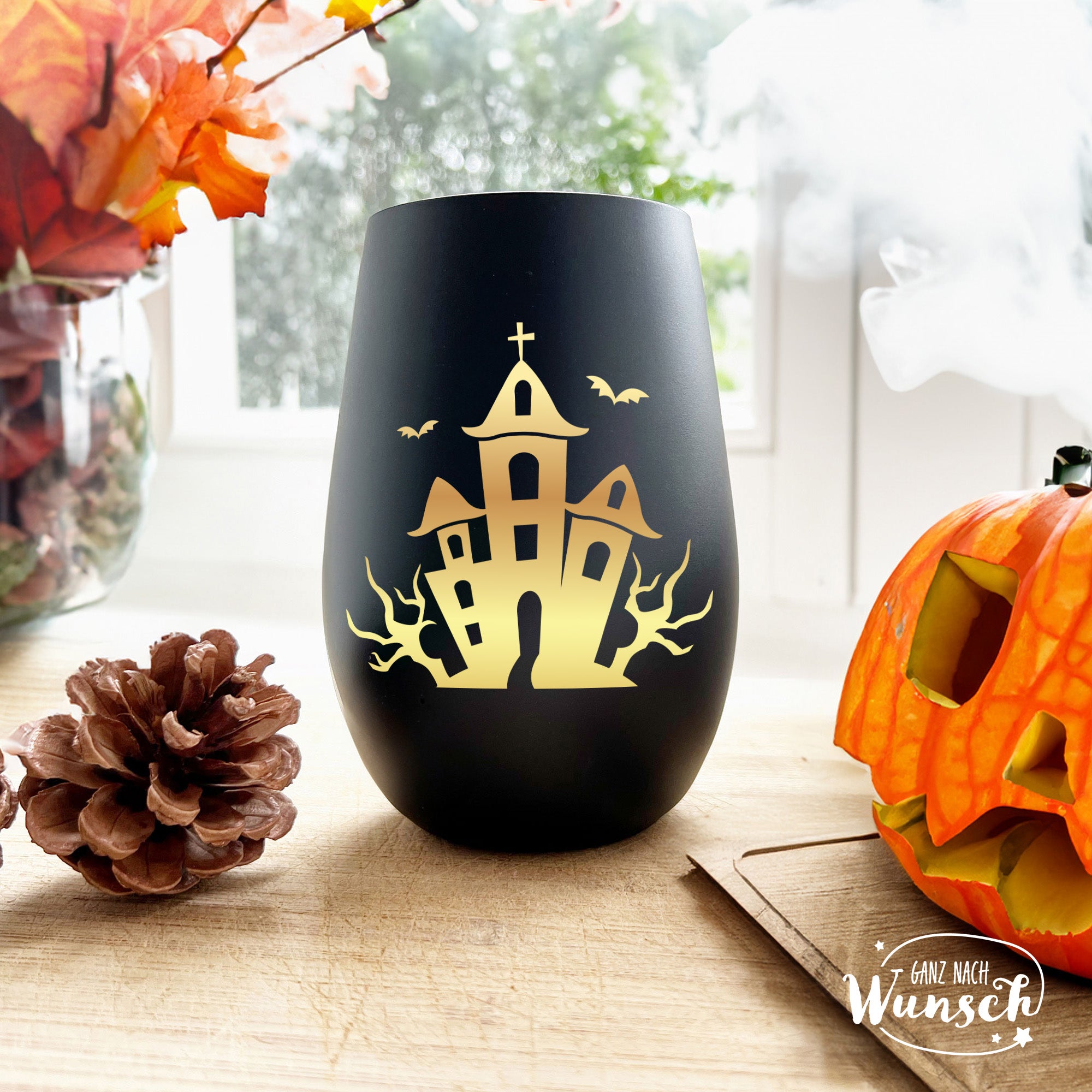 Halloween - Gruseliges Spukhaus - Graviertes Windlicht