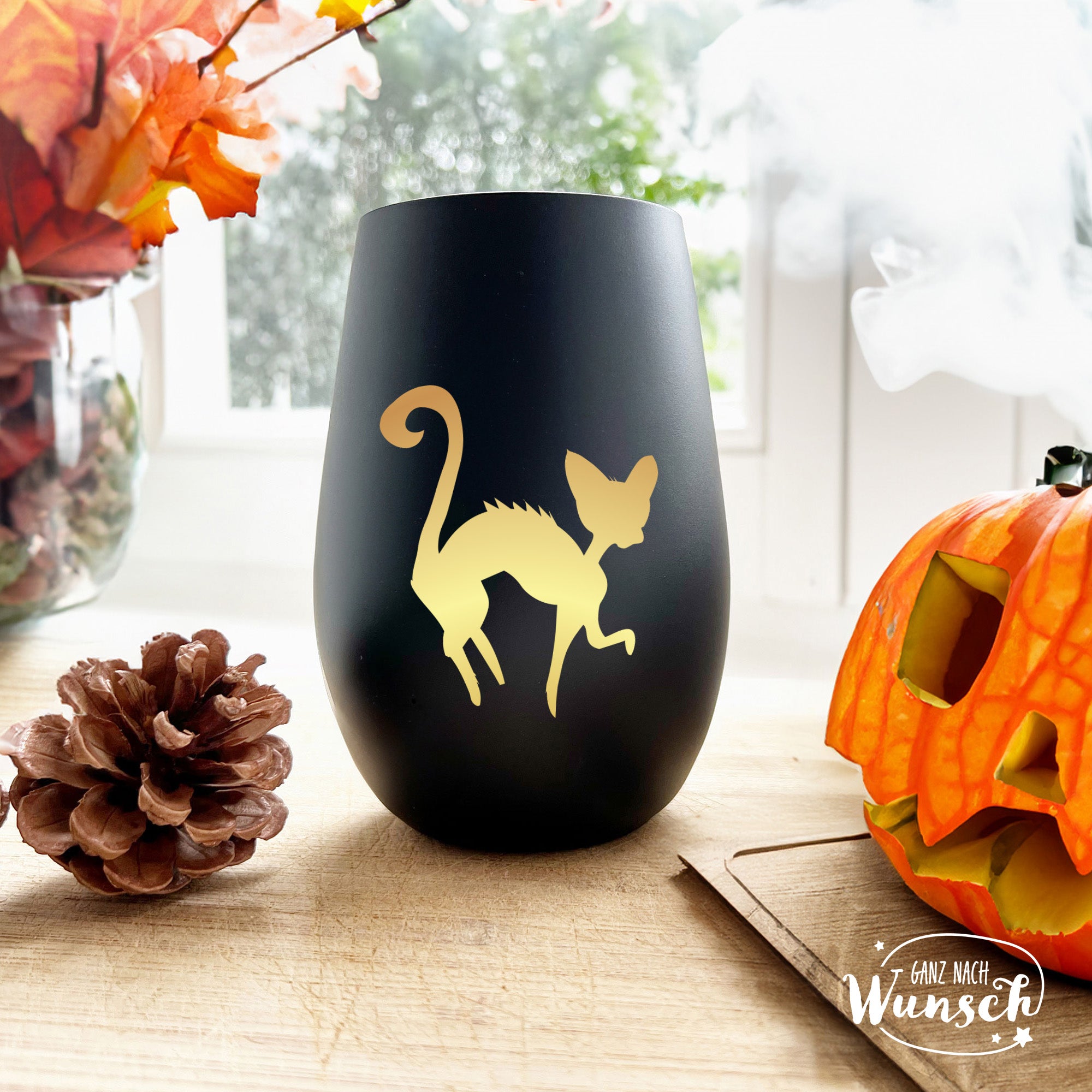 Halloween - Gruselige Katze mit Katzenbuckel - Graviertes Windlicht