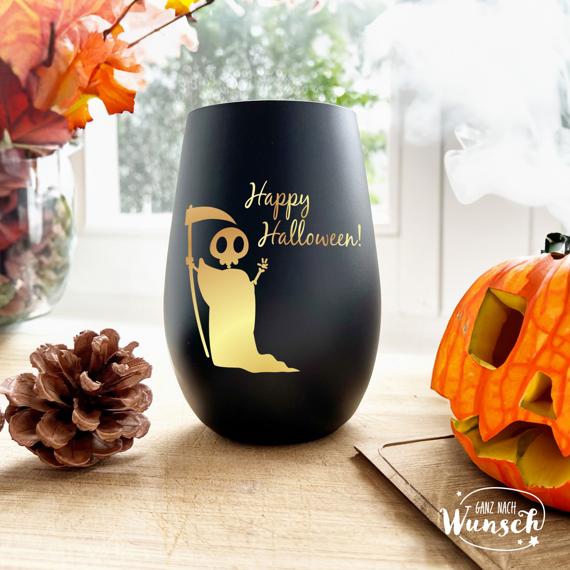 Halloween - Gruseliger Sensenmann - Graviertes Windlicht