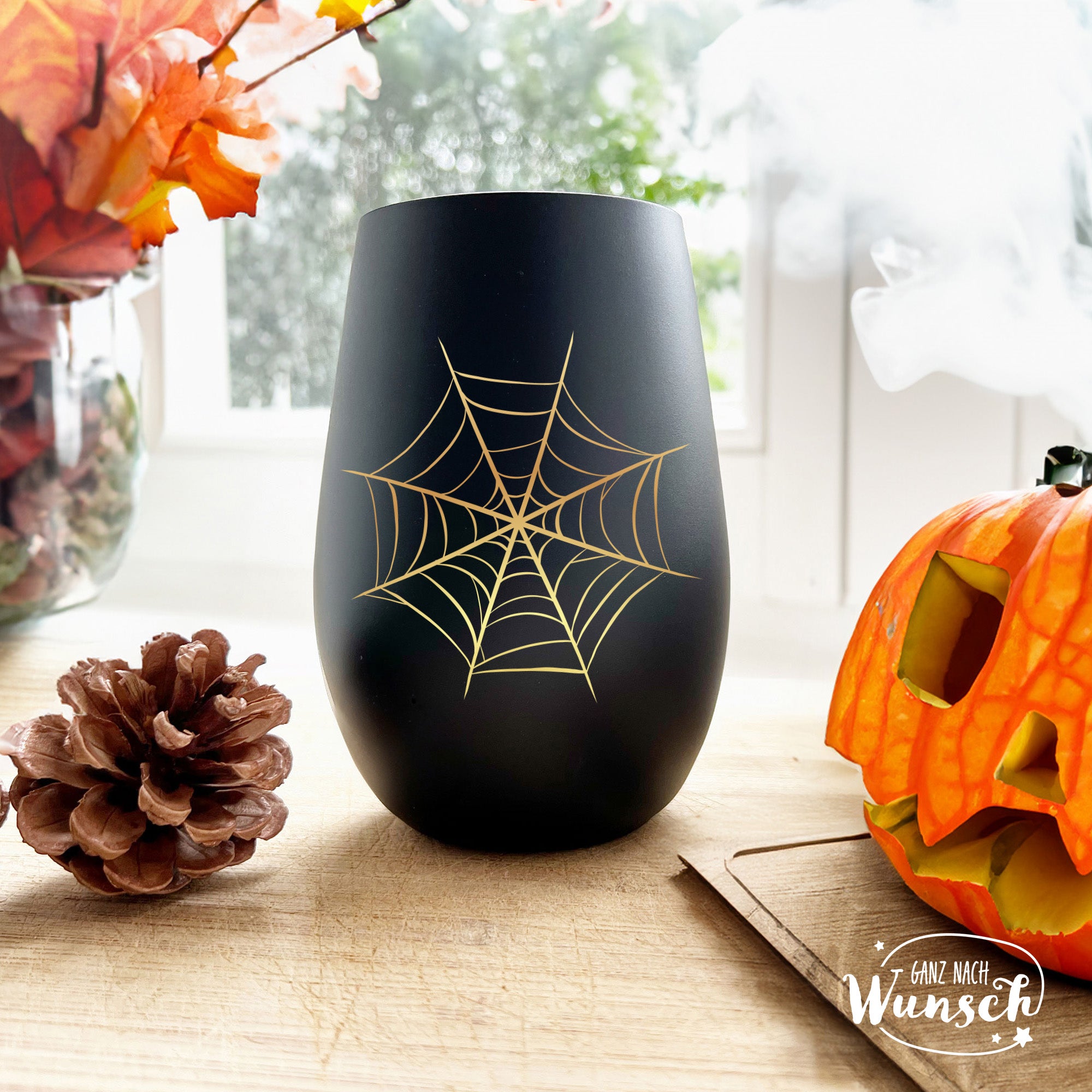 Halloween - Gruseliges Spinnennetz - Graviertes Windlicht