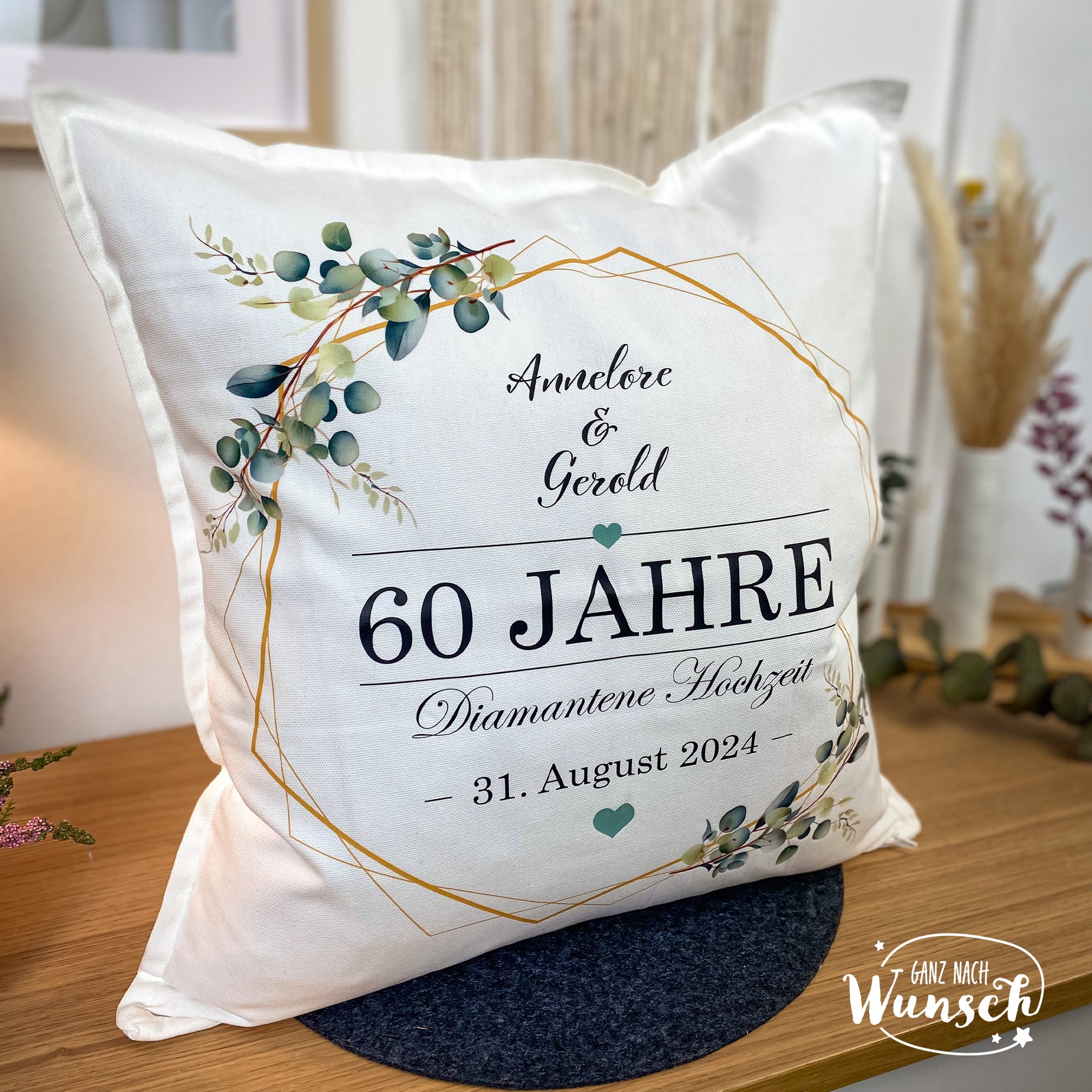 Personalisiertes Kissen zur Diamantenen Hochzeit, dekoratives Kissen 50x50 cm, perfektes Geschenk für 60-jähriges Jubiläum, 60. Hochzeitstag