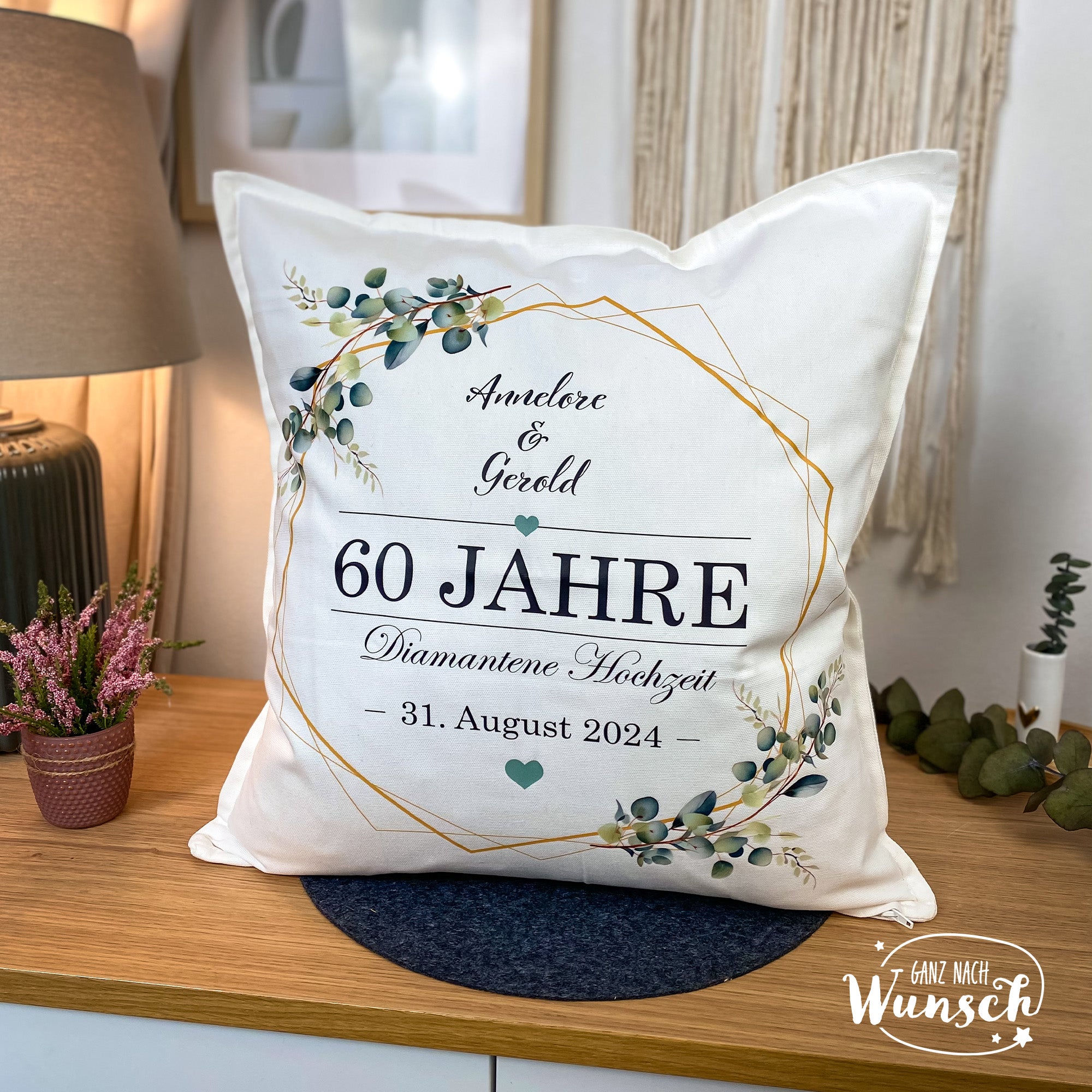 Personalisiertes Kissen zur Diamantenen Hochzeit, dekoratives Kissen 50x50 cm, perfektes Geschenk für 60-jähriges Jubiläum, 60. Hochzeitstag
