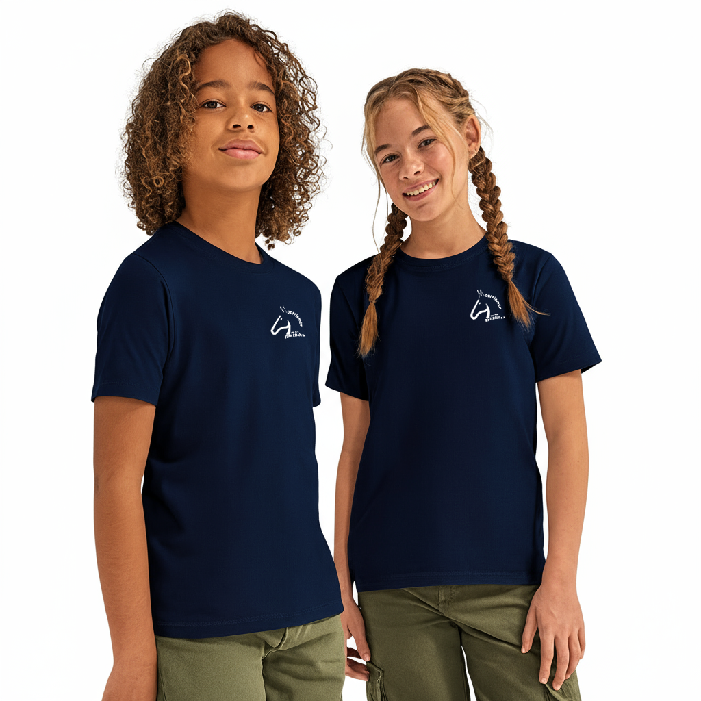 Kindershirt aus Baumwolle – Navy Blau mit Vereinslogo Mooriemer Reitklub