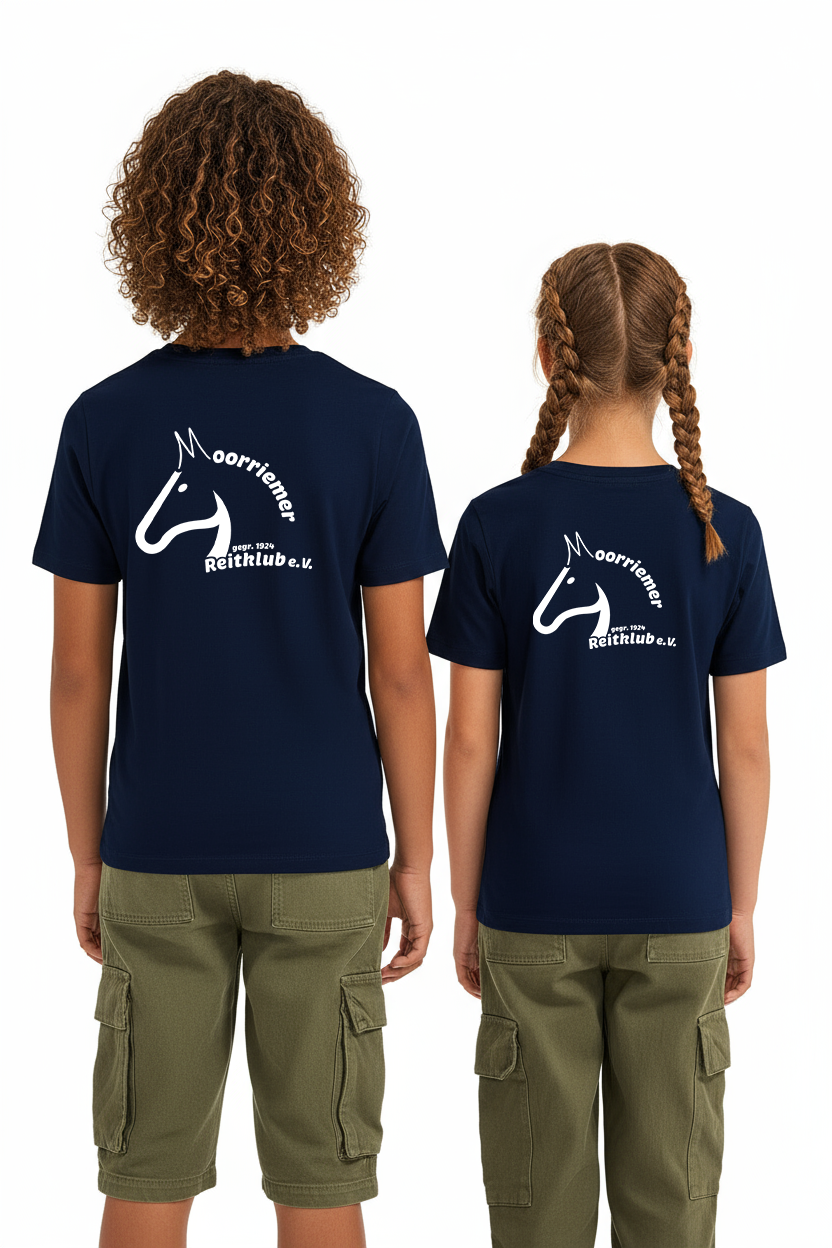 Kindershirt aus Baumwolle – Navy Blau mit Vereinslogo Mooriemer Reitklub