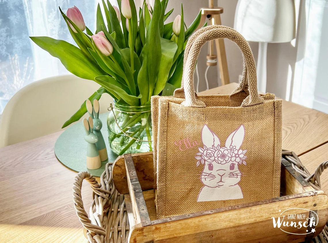 Ostertasche personalisiert | Jute | Geschenktasche | Osterkörbchen | Ostergeschenk | Geschenkverpackung | Hase | Frohe Ostern | Gift Bag