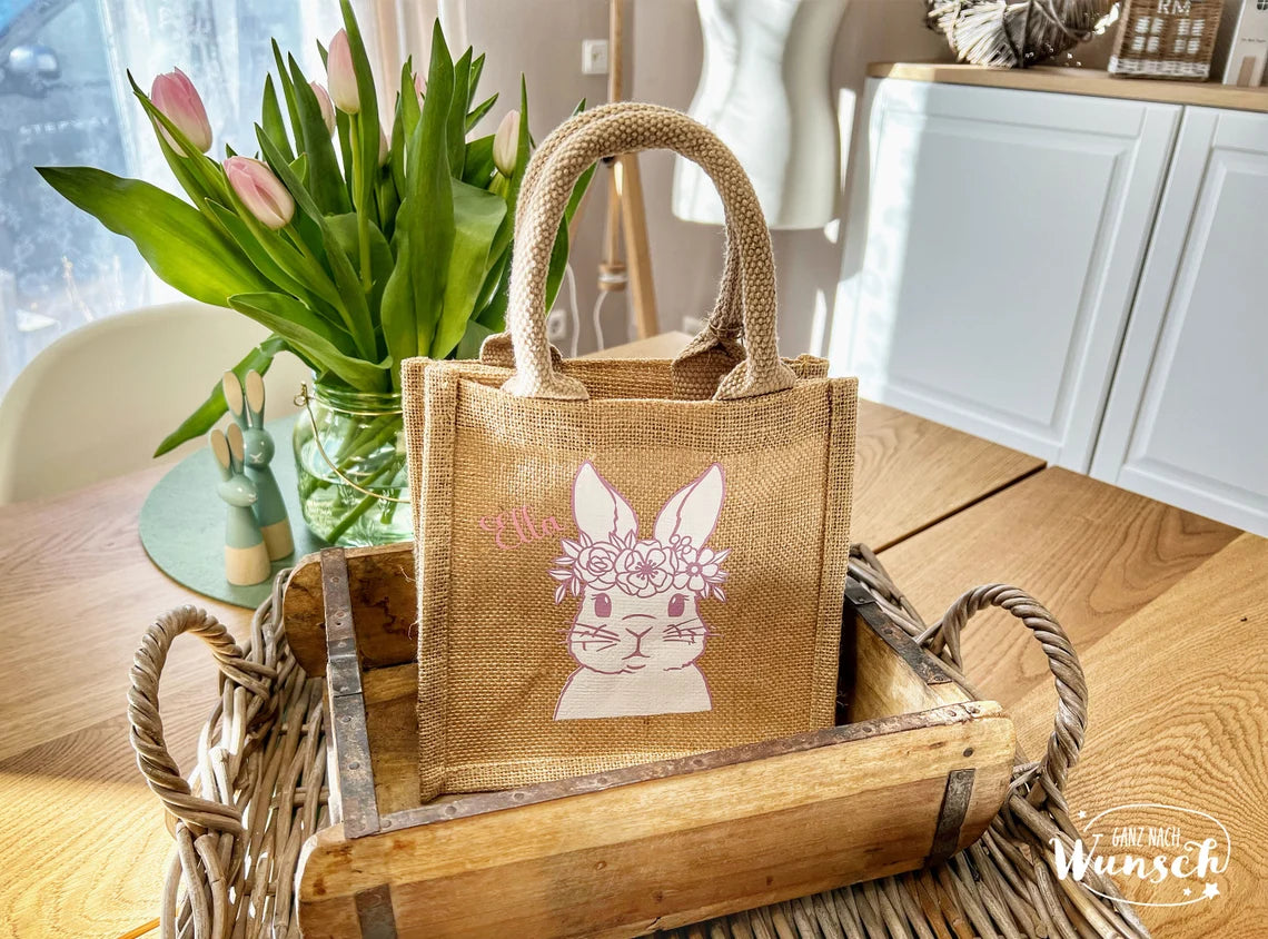 Ostertasche personalisiert | Jute | Geschenktasche | Osterkörbchen | Ostergeschenk | Geschenkverpackung | Hase | Frohe Ostern | Gift Bag
