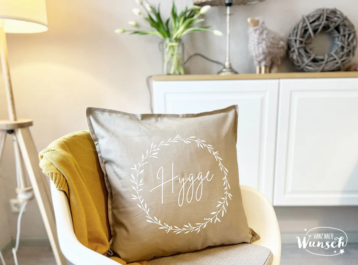 Kissenbezug | Hygge | 50x50cm | Skandi | Kissenhülle | Baumwolle | Boho | Skandinavisch | Geschenk | Blumenkranz | Beige