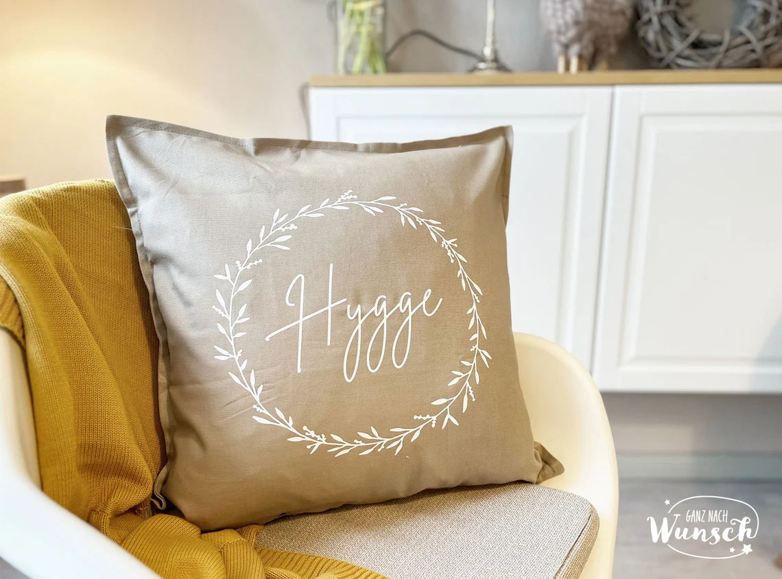 Kissenbezug | Hygge | 50x50cm | Skandi | Kissenhülle | Baumwolle | Boho | Skandinavisch | Geschenk | Blumenkranz | Beige