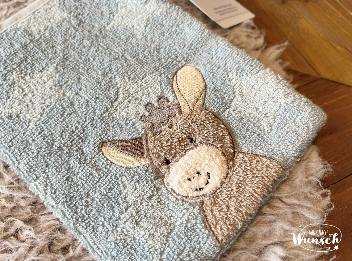 Sterntaler Waschlappen personalisiert | Geschenk zur Taufe | Geburt | Geburtstag | Patengeschenk | Maus Mabel | Esel Emmi | mit Stick |