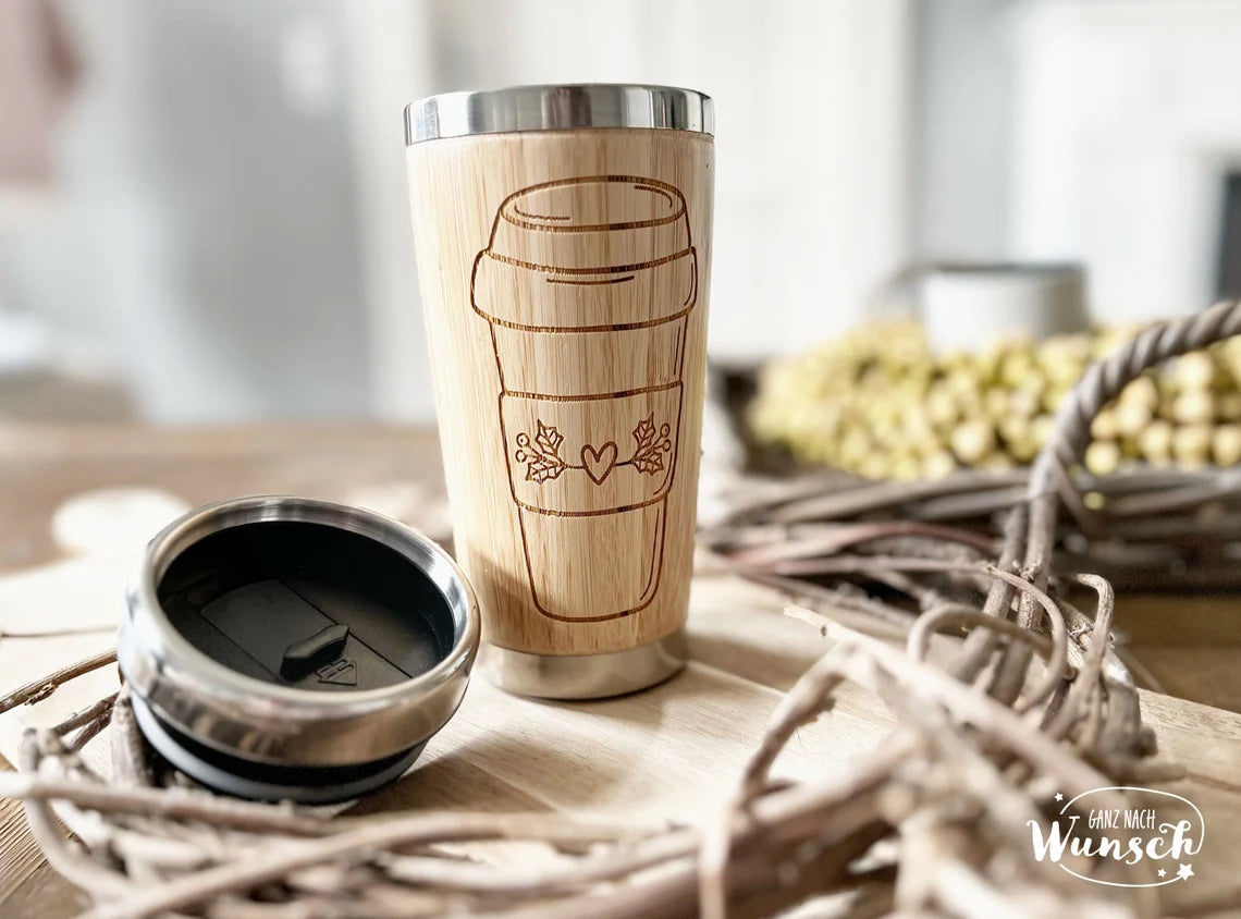 Gravierter To Go Kaffee Thermobecher | Bambus | 450 ml | Personalisiert als Geschenk | Weihnachten | Xmas | Christmas | Coffee to go
