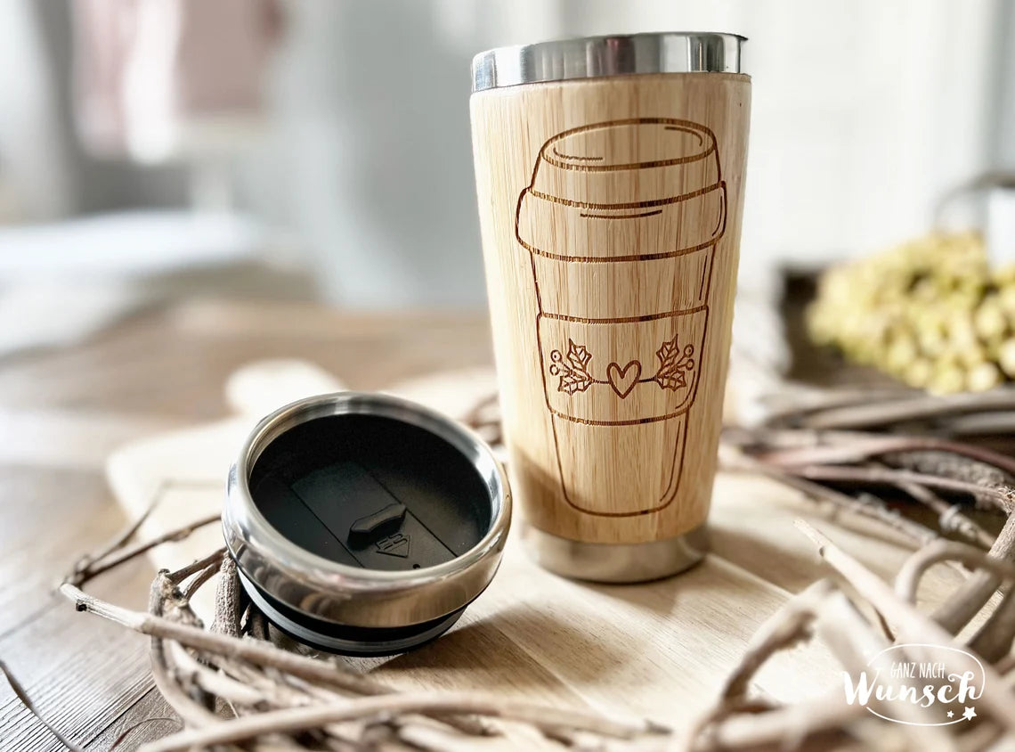Gravierter To Go Kaffee Thermobecher | Bambus | 450 ml | Personalisiert als Geschenk | Weihnachten | Xmas | Christmas | Coffee to go