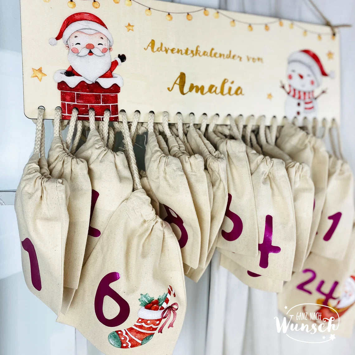 Personalisierter Adventskalender aus Holz mit Säckchen | 24 Türchen | Adventssäckchen | Holzadventskalender