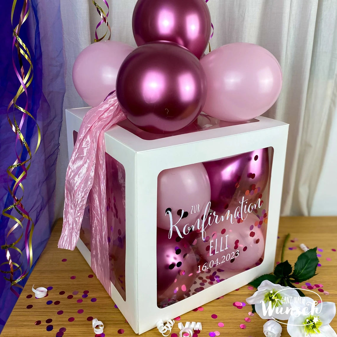 Konfirmation Geschenkbox für Mädchen mit Ballons, Personalisierte Dekoration, Kreative Luftballonverpackung, Einzigartige Erinnerung