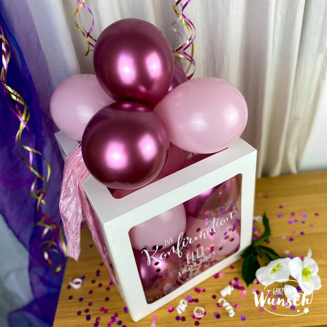 Konfirmation Geschenkbox für Mädchen mit Ballons, Personalisierte Dekoration, Kreative Luftballonverpackung, Einzigartige Erinnerung