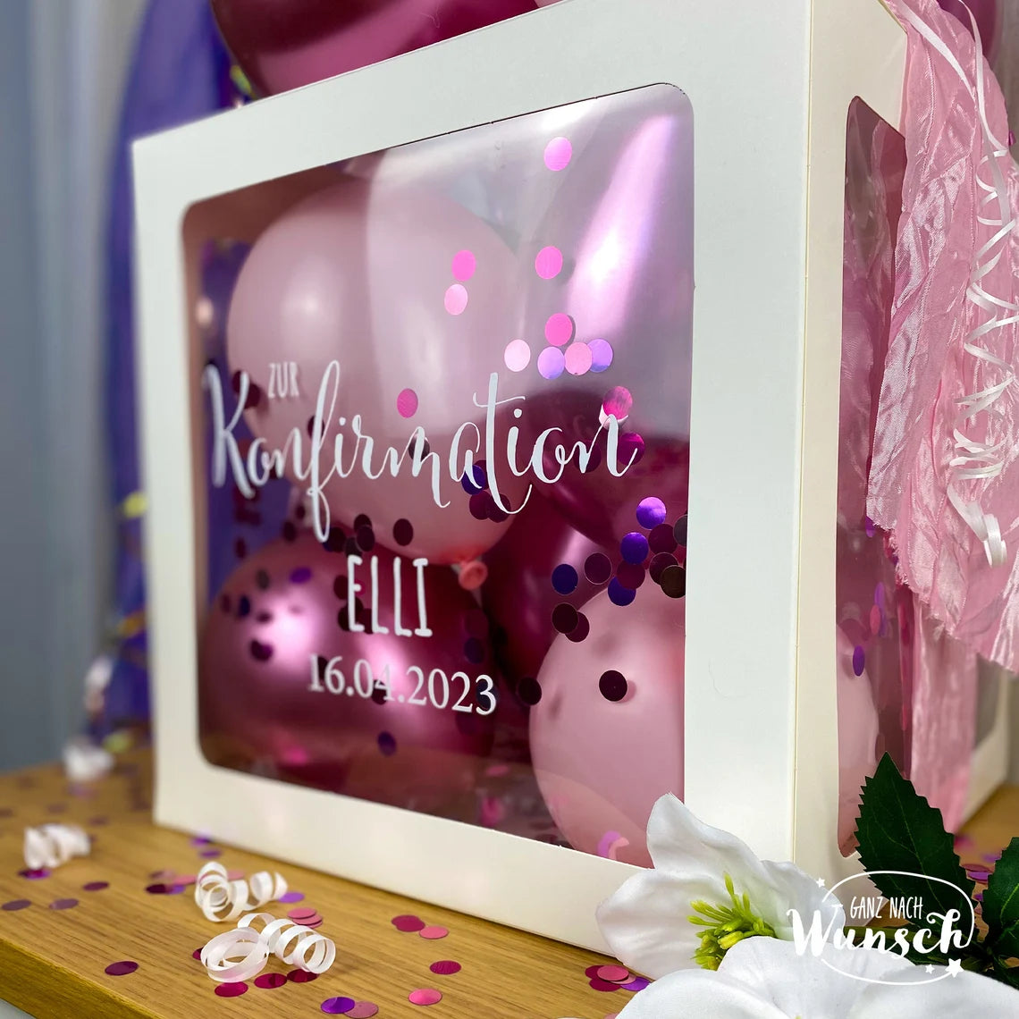 Konfirmation Geschenkbox für Mädchen mit Ballons, Personalisierte Dekoration, Kreative Luftballonverpackung, Einzigartige Erinnerung