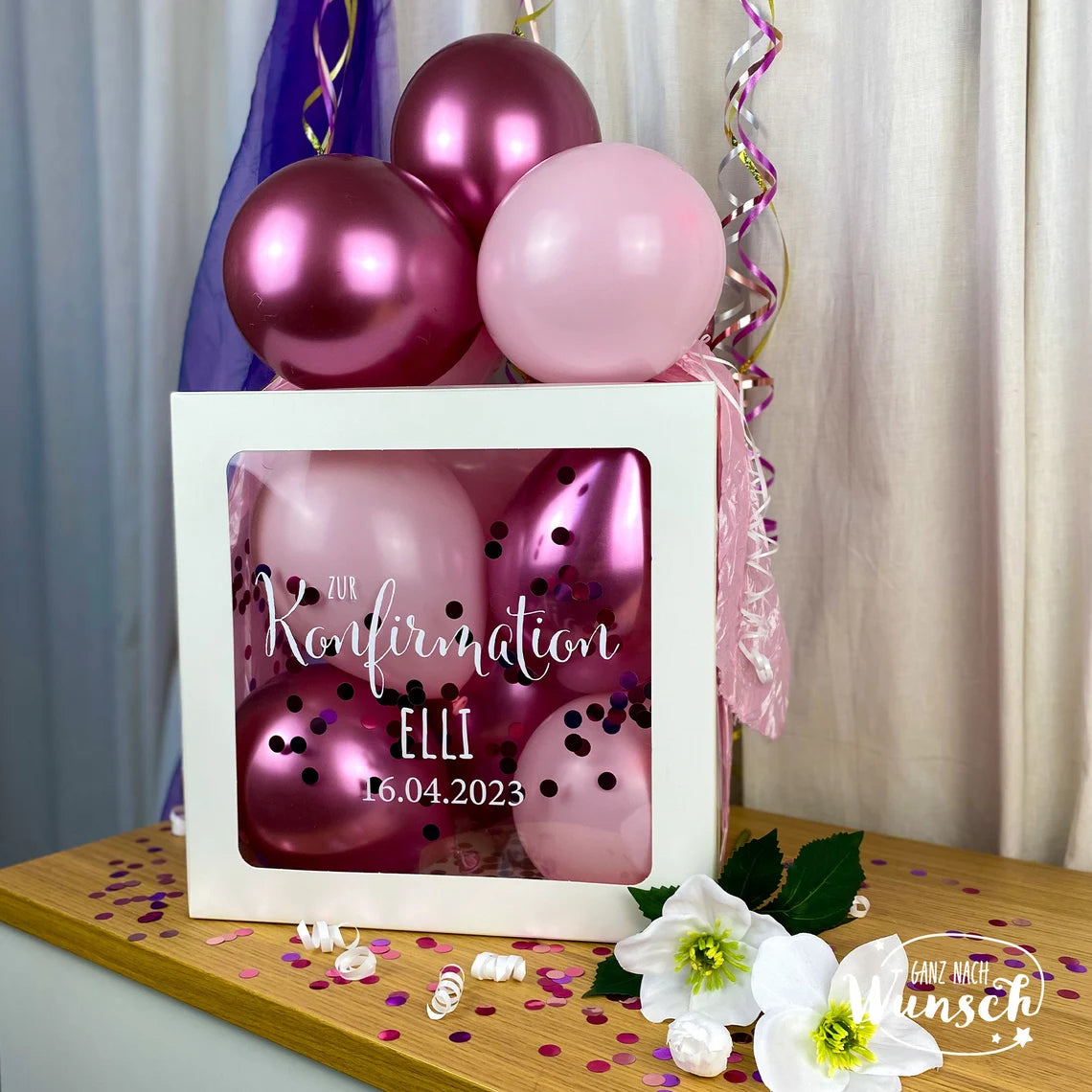 Konfirmation Geschenkbox für Mädchen mit Ballons, Personalisierte Dekoration, Kreative Luftballonverpackung, Einzigartige Erinnerung