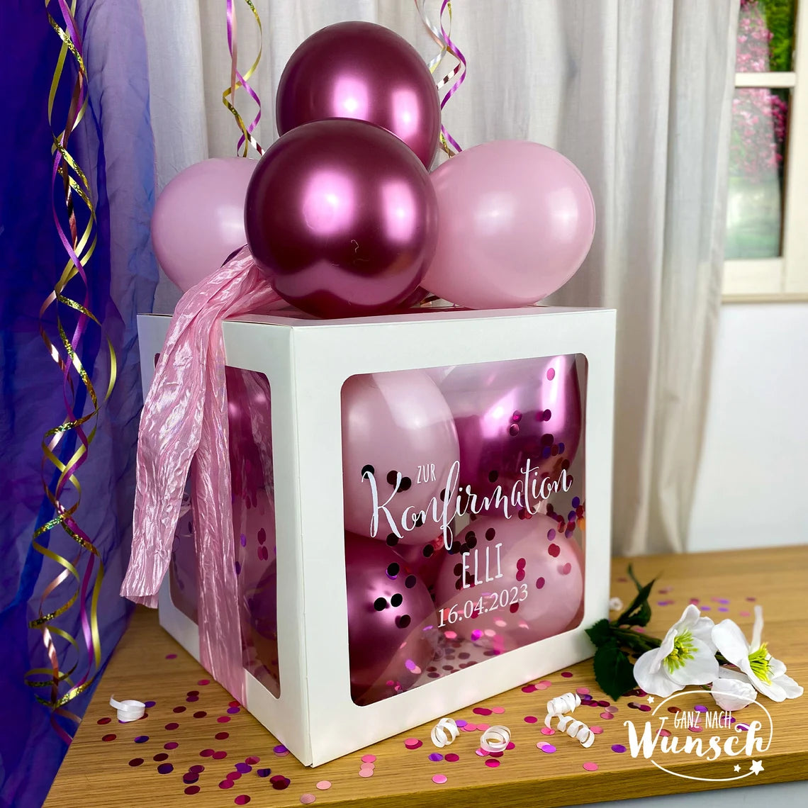 Konfirmation Geschenkbox für Mädchen mit Ballons, Personalisierte Dekoration, Kreative Luftballonverpackung, Einzigartige Erinnerung