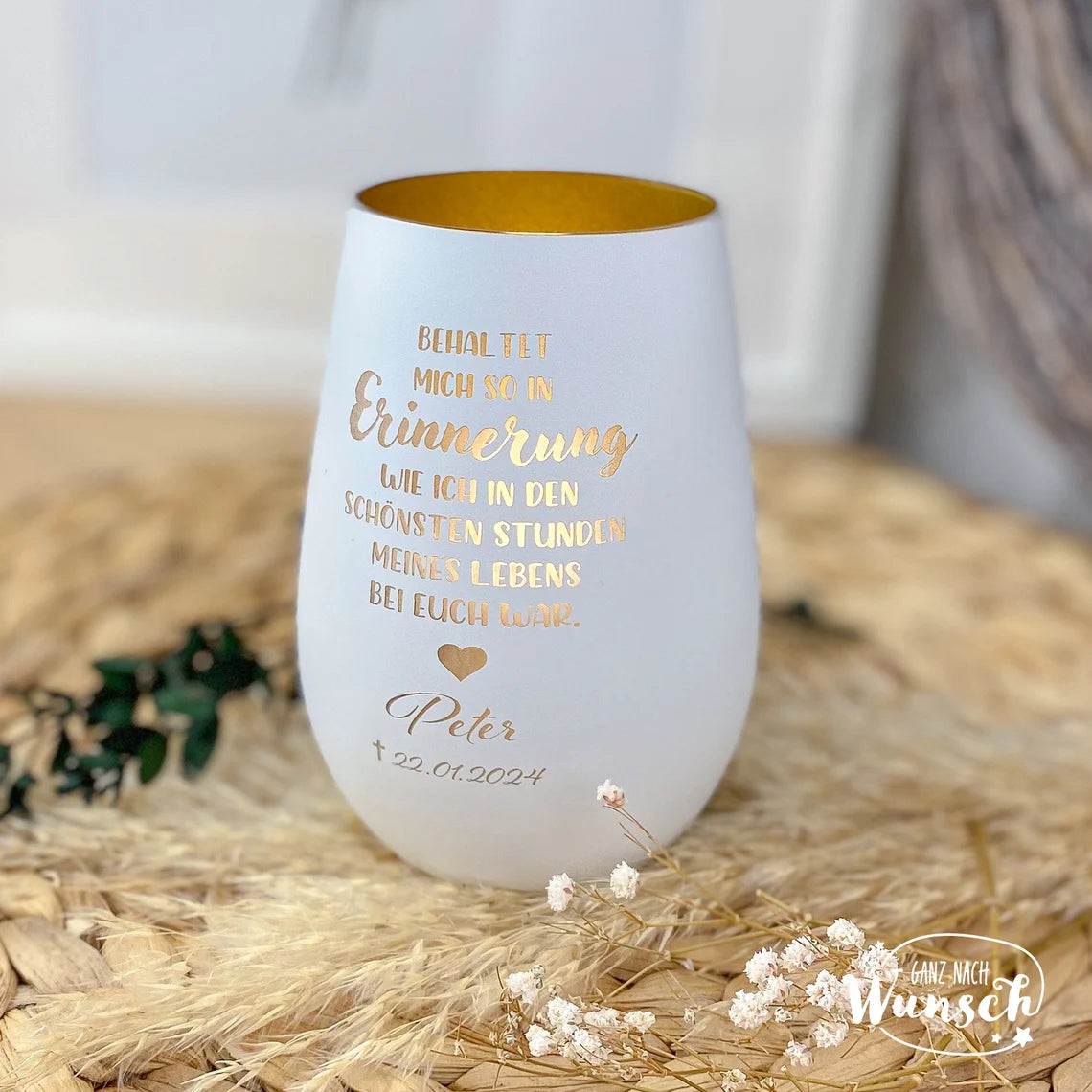 Personalisiertes Windlicht | Gravierte Gedenkkerze | Erinnerungslicht mit Gravur | Kristallglas | Vase | Trauer | Grablicht | Andenken