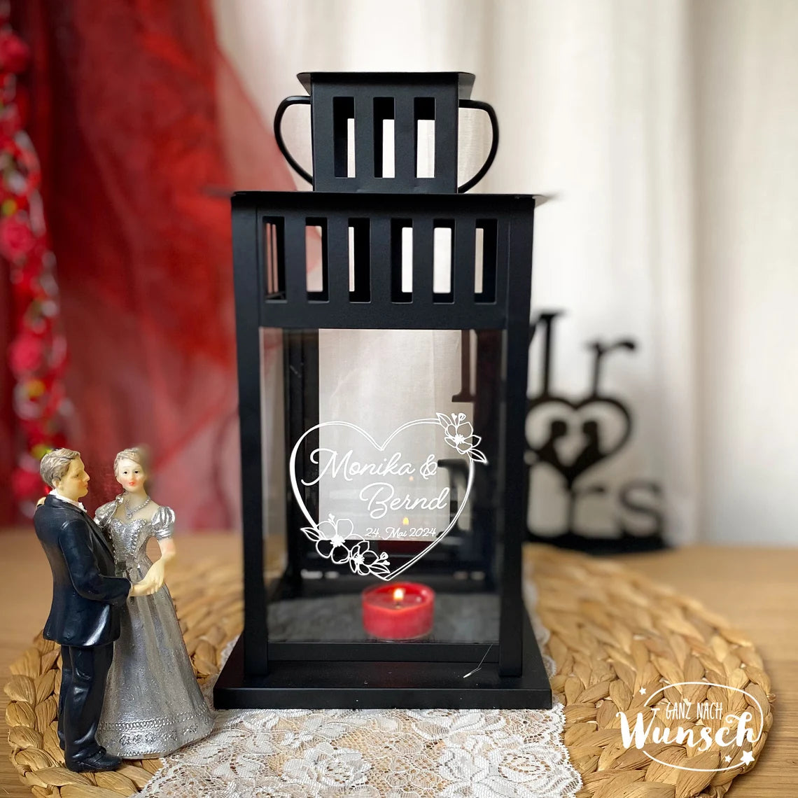 Hochzeitsgeschenk Laterne mit Herz, Name, Datum | personalisiertes Geschenk Hochzeit | Windlicht | Valentinstag | Jahrestag | zum aufhängen