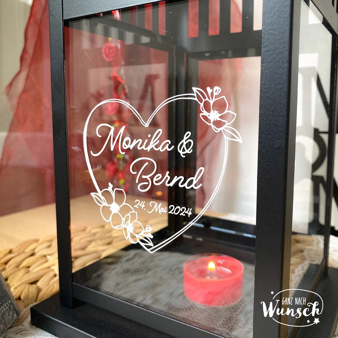 Hochzeitsgeschenk Laterne mit Herz, Name, Datum | personalisiertes Geschenk Hochzeit | Windlicht | Valentinstag | Jahrestag | zum aufhängen