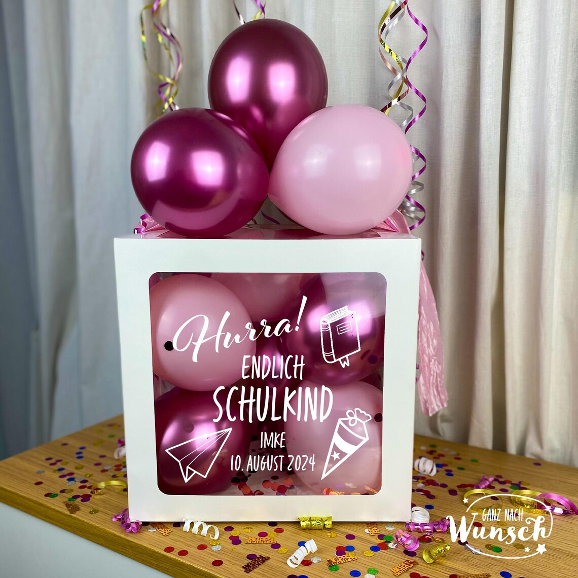 Schulkind Geschenkbox für Mädchen Junge mit Ballons, Personalisierte Dekoration, Kreative Luftballonverpackung, Einschulung Geldgeschenk