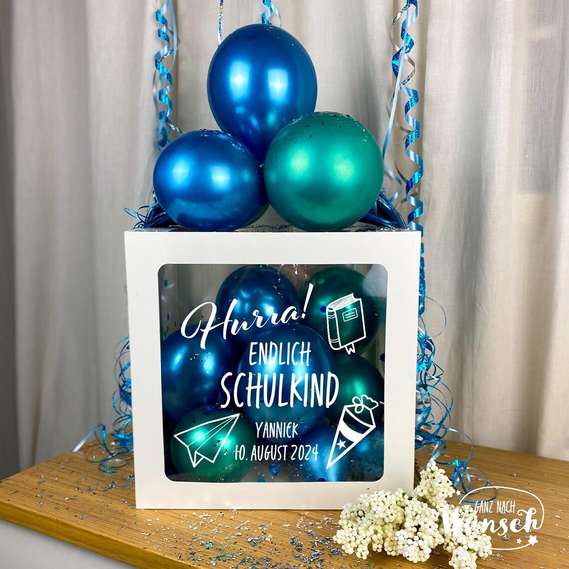 Schulkind Geschenkbox für Mädchen Junge mit Ballons, Personalisierte Dekoration, Kreative Luftballonverpackung, Einschulung Geldgeschenk