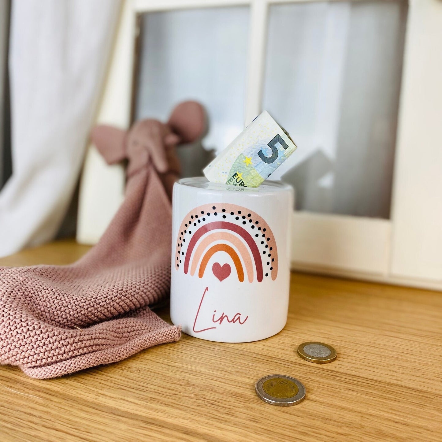 Personalisierte Spardose mit Namen und Regenbogen | Geldgeschenk | Taufe | Geburtstag | Geburt | Gelddose | Geschenk zur Taufe
