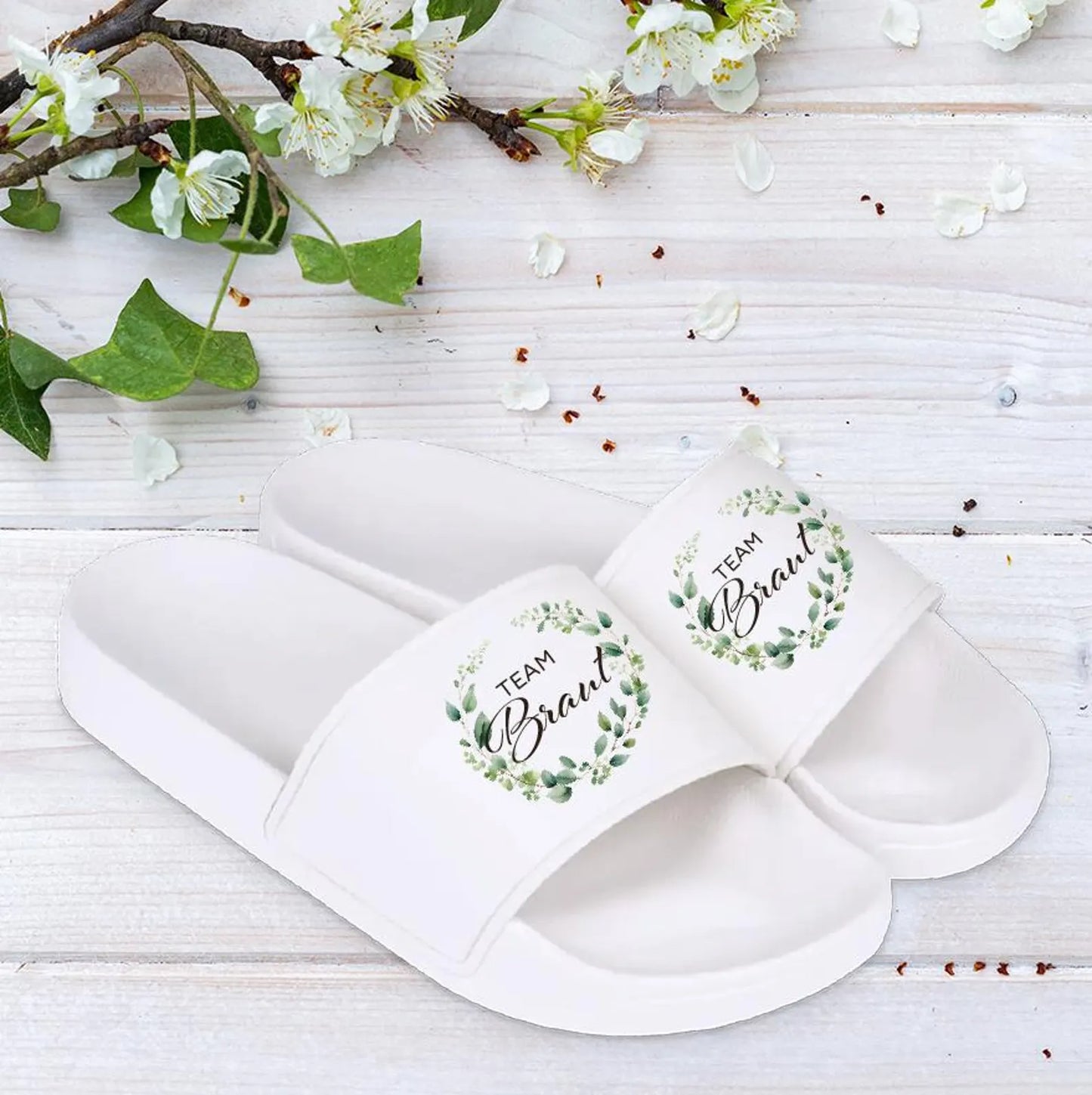 Badeschuhe "Team Braut / Braut", für Hochzeit, Jungesellenabschied, Sauna, Badelatschen, FlipFlops, Adiletten, Slipper mit Motiv, Eukalyptus