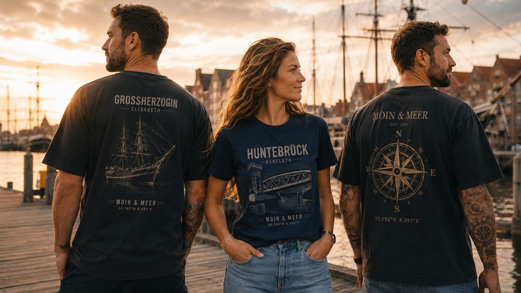 Moin und Meer Kollektion Cover drei T-Shirt Motive Grossherzogin Elisabeth Huntebrueck Kompass am Elsflether Hafen Sonnenuntergang
