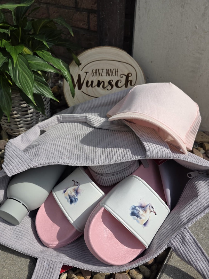 Badeschuhe „Möwentraum“ - perfekt für Urlaub, Strand, Schwimmbad, Sauna, Badelatschen, FlipFlops, Adiletten, Slipper mit Möwenmotiv