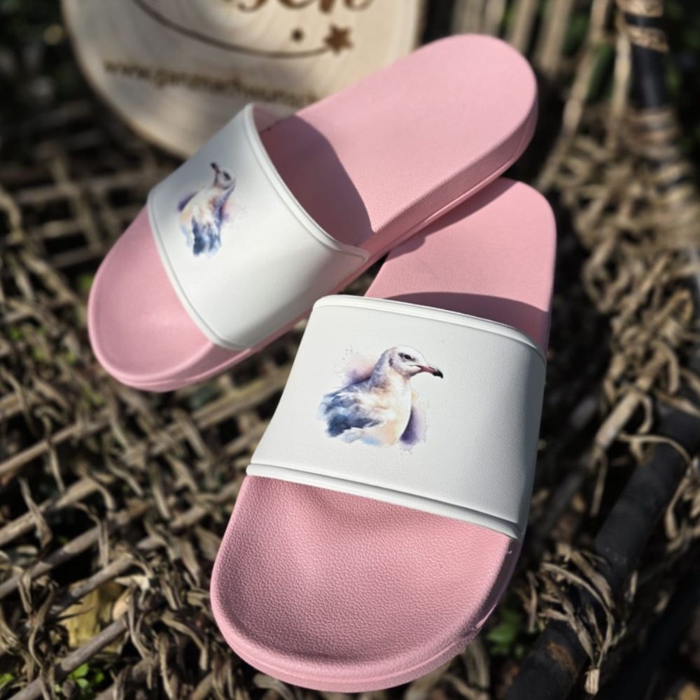 Badeschuhe „Möwentraum“ - perfekt für Urlaub, Strand, Schwimmbad, Sauna, Badelatschen, FlipFlops, Adiletten, Slipper mit Möwenmotiv