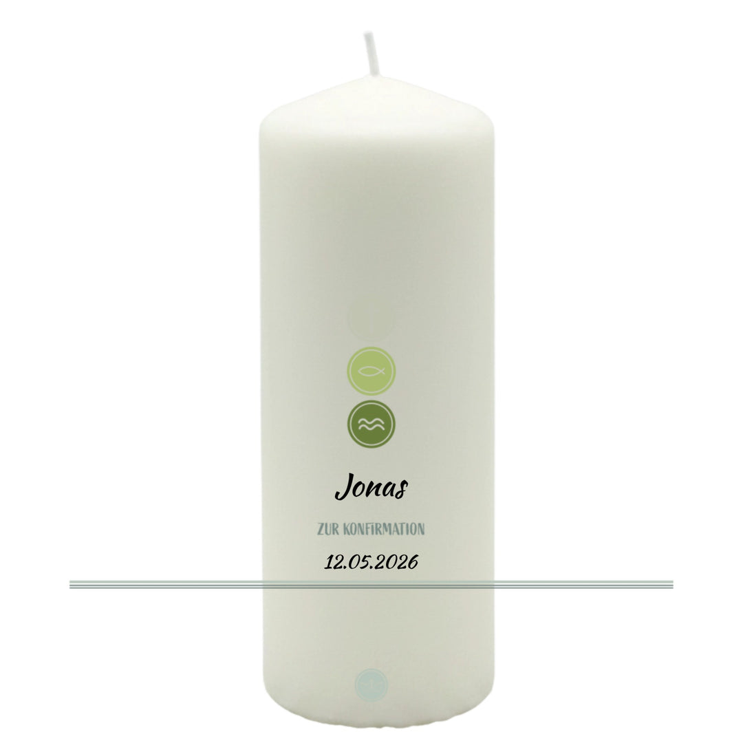 Kerze Konfirmation personalisiert „Symbole" | mit Namen &amp; Datum UV-gedruckt | GNW
