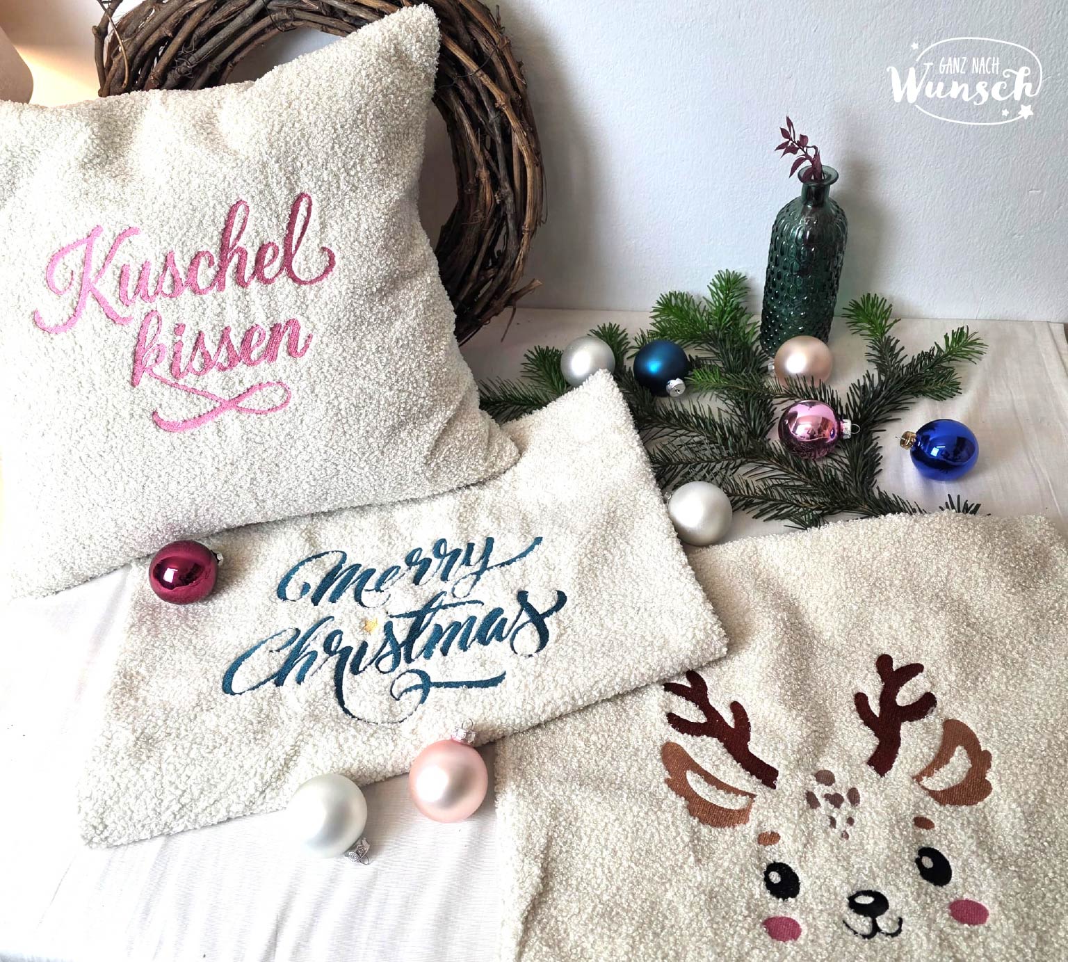 Kissenbezug 50x50 | Stick | Geschenk | Weihnachten | Deko Kissen | liebevoll gestaltet | Kuschelkissen | Merry Christmas | Rentier