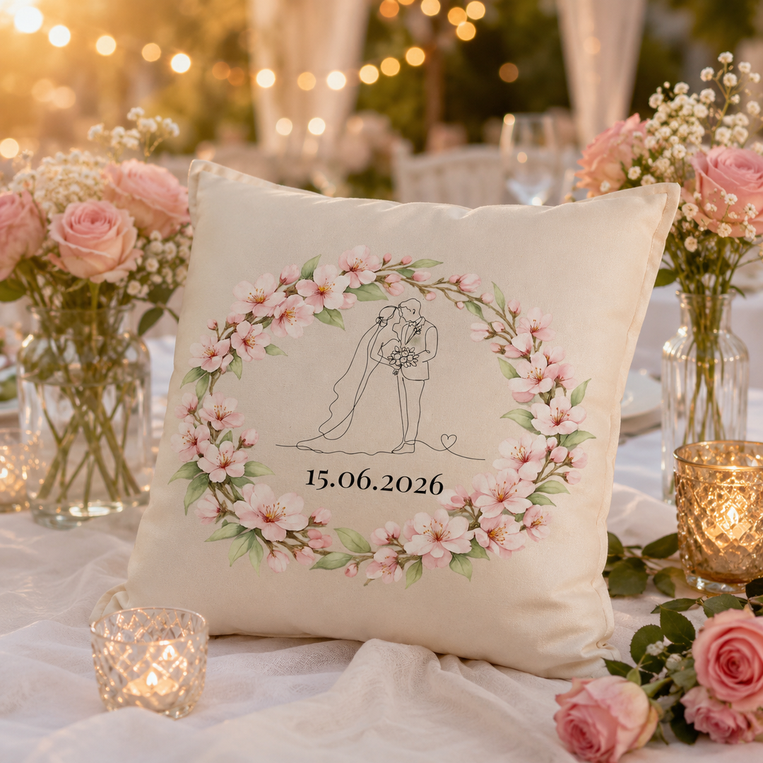 Hochzeitskissen personalisiert Brautpaar &amp; Blumenrahmen | mit Wunschdatum | GNW