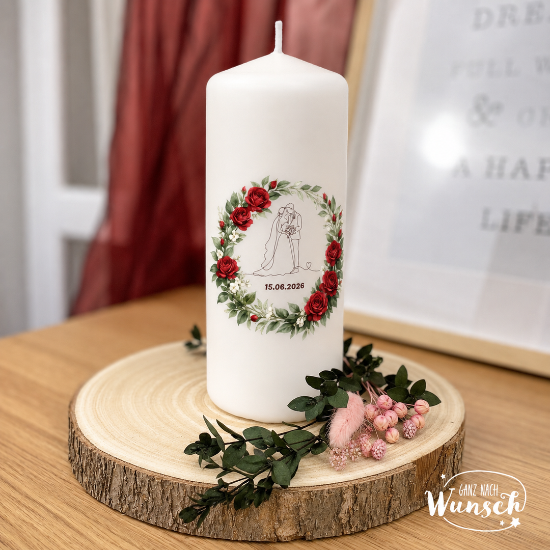 Hochzeitskerze personalisiert mit Blumenrahmen &amp; Datum | GNW