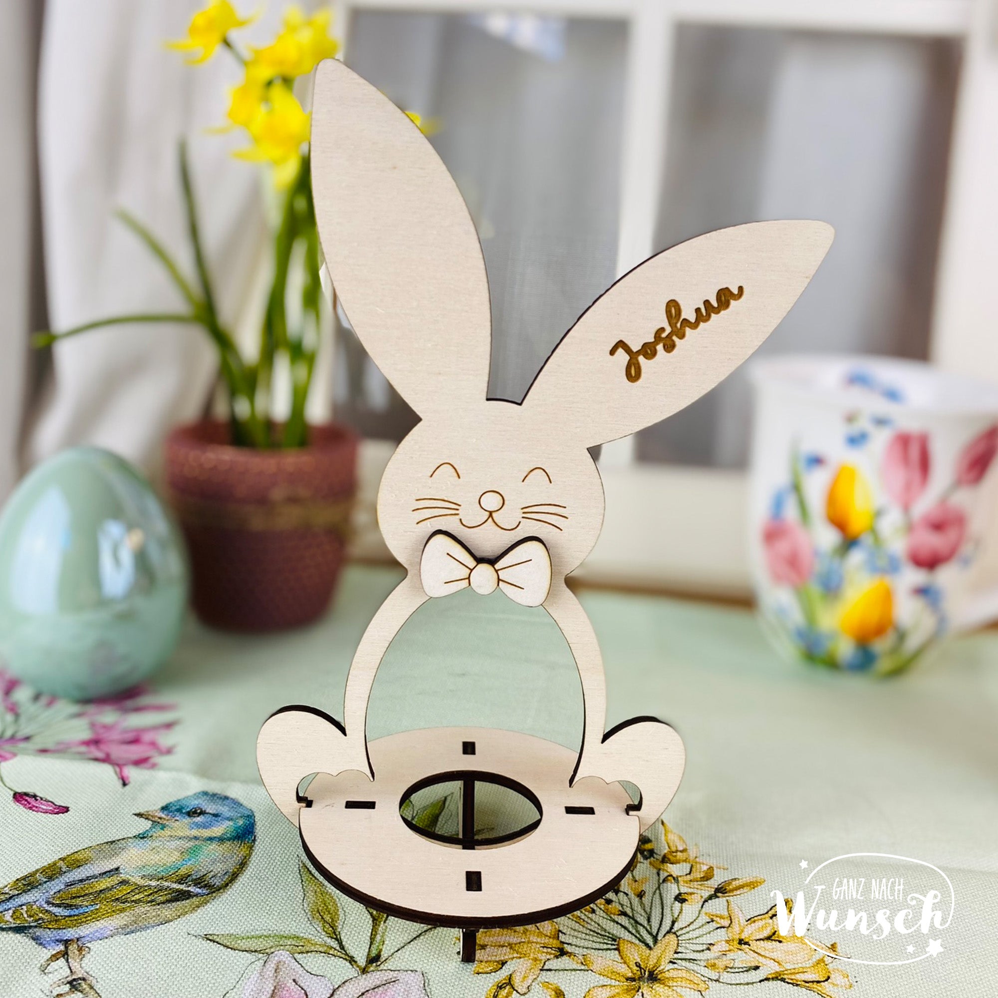 Eierbecher Hase für Ostern aus Holz, personalisiert mit Namen, Deko