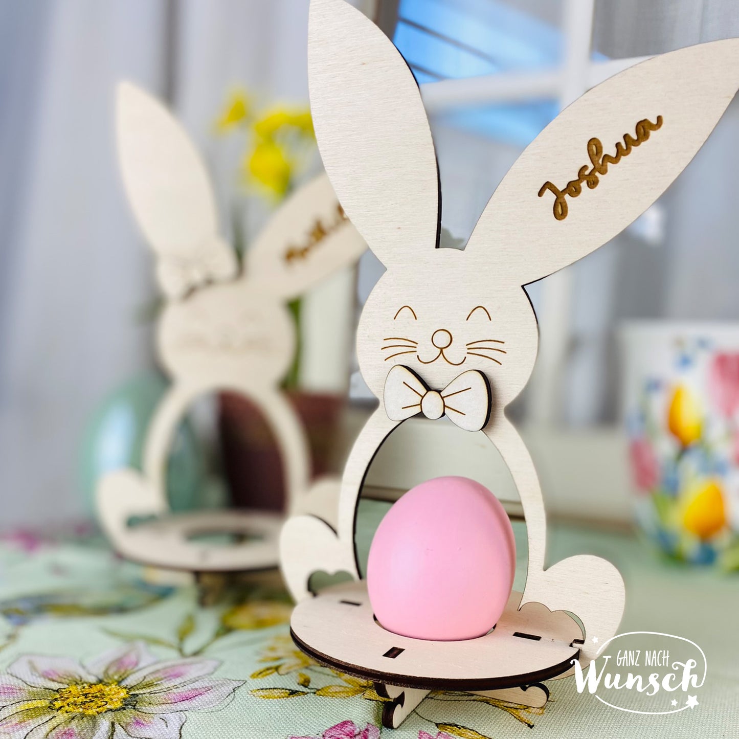 Eierbecher Hase für Ostern aus Holz, personalisiert mit Namen, Deko