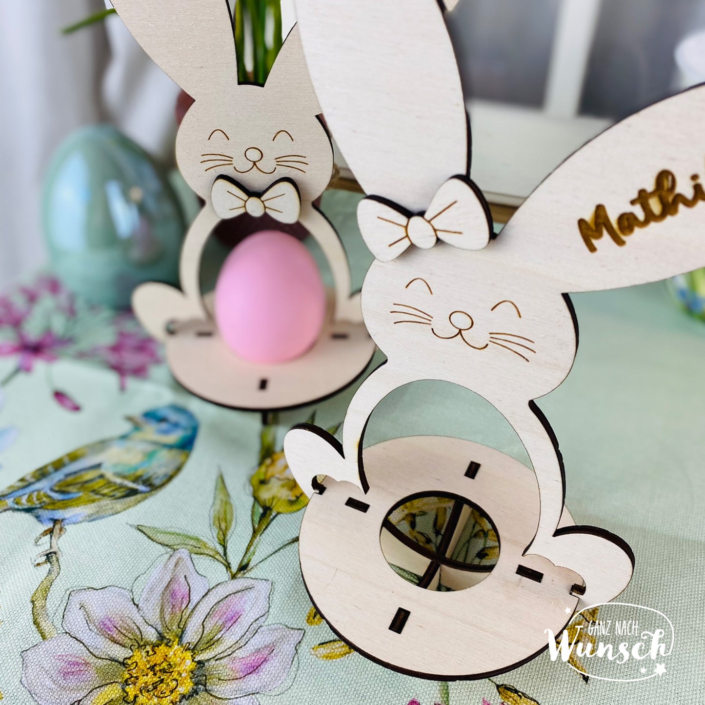 Eierbecher Hase für Ostern aus Holz, personalisiert mit Namen, Deko