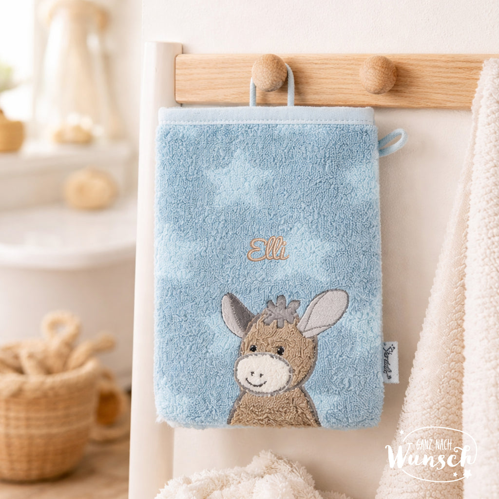 Sterntaler Waschlappen personalisiert | Geschenk zur Taufe | Geburt | Geburtstag | Patengeschenk | Maus Mabel | Esel Emmi | mit Stick |