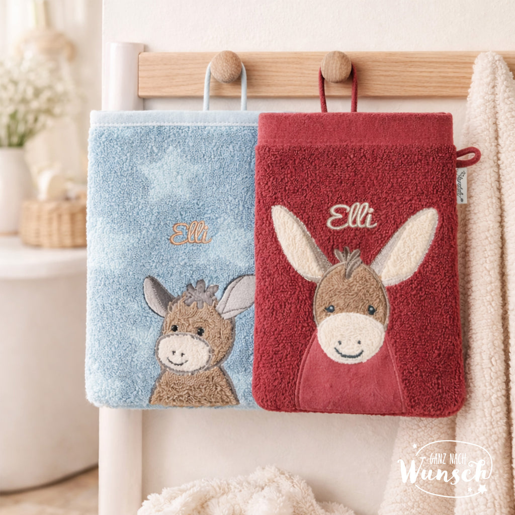 Sterntaler Waschlappen personalisiert | Geschenk zur Taufe | Geburt | Geburtstag | Patengeschenk | Maus Mabel | Esel Emmi | mit Stick |