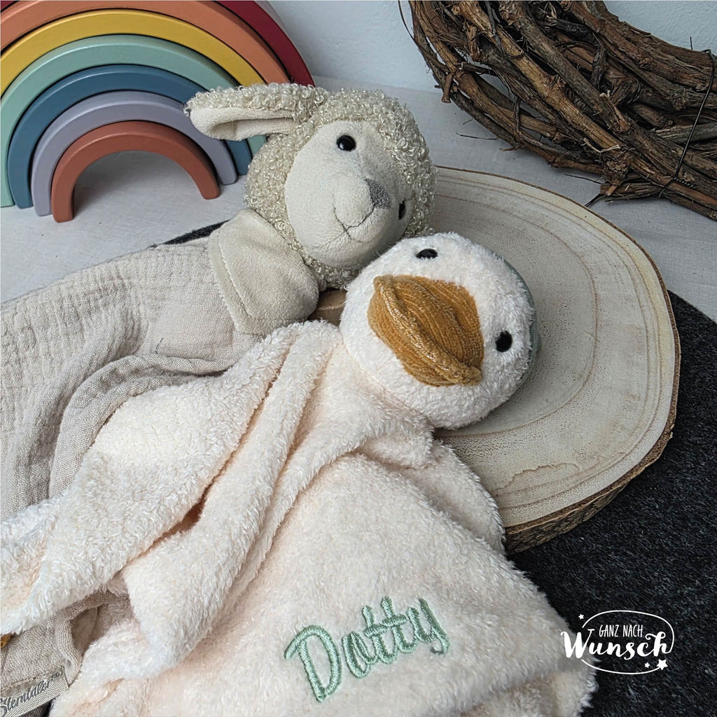 Sterntaler Schnuffeltuch „Lamm“ (Musselin) & „Ente“ (Plüsch) – personalisiert mit Namen