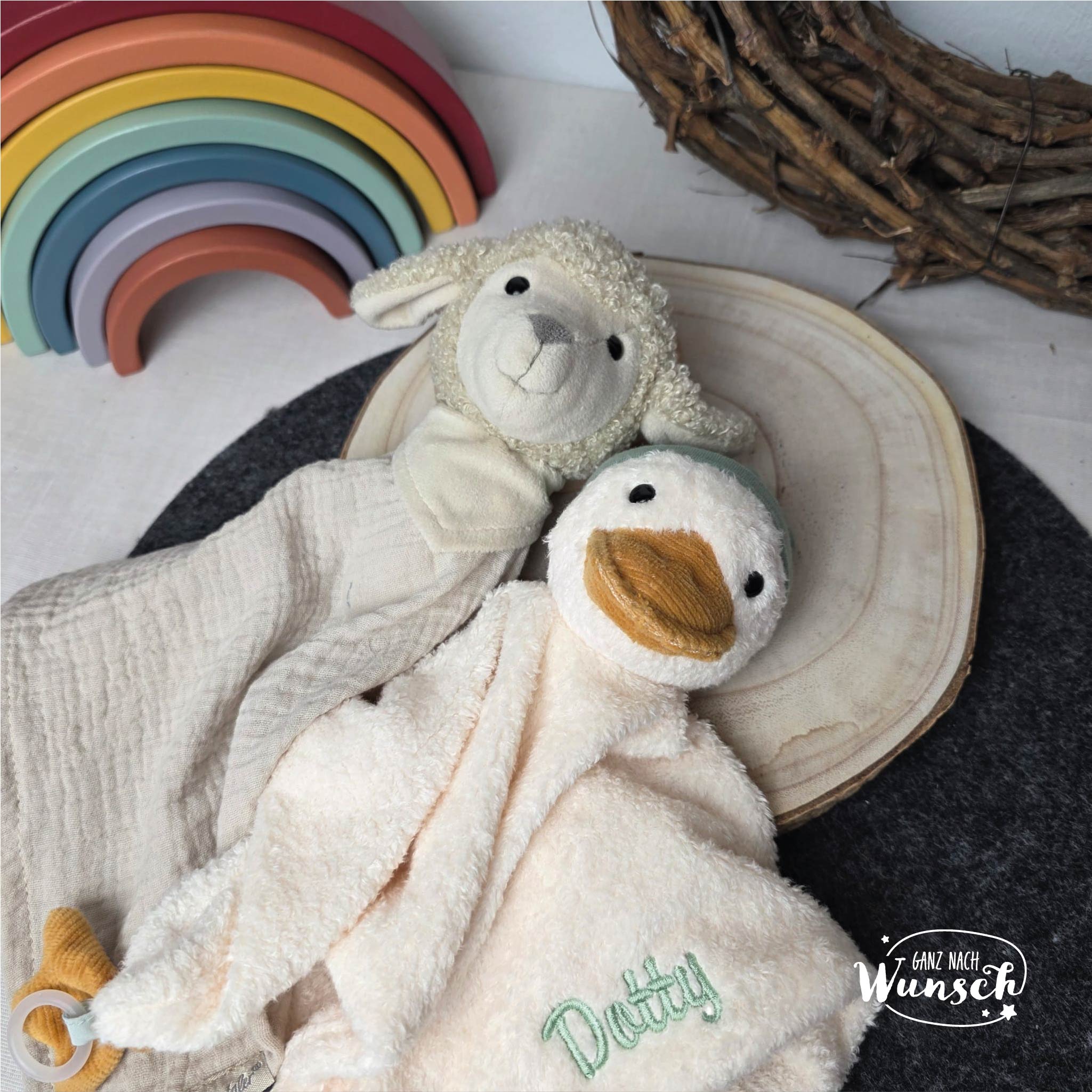 Sterntaler Schnuffeltuch „Lamm“ (Musselin) & „Ente“ (Plüsch) – personalisiert mit Namen