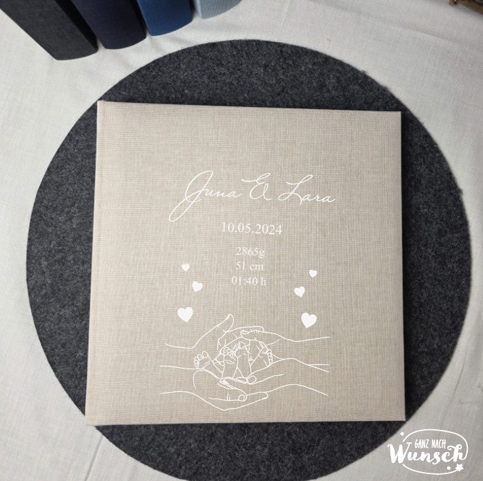Personalisiertes Fotoalbum Leinen Einband, Fotobuch, Erinnerungsalbum, Geburt, Geschenk zu Geburt, Taufe, Babyalbum, Mehrlingsgeschenk
