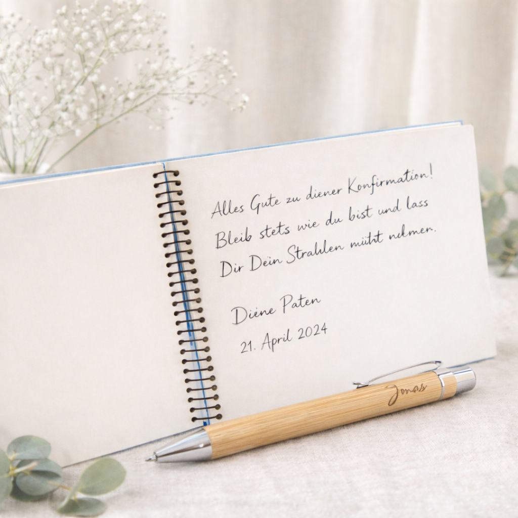 Personalisiertes Gästebuch zur Konfirmation, Kommunion, Hochzeit, Taufe, Einschulung, Geburt | auch als Set mit Kugelschreiber und Holzbox