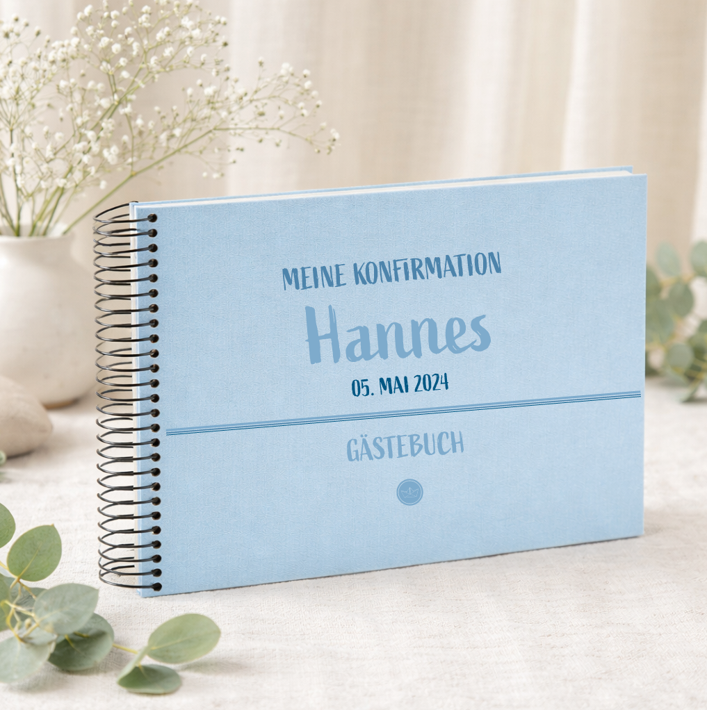 Personalisiertes Gästebuch zur Konfirmation, Kommunion, Hochzeit, Taufe, Einschulung, Geburt | auch als Set mit Kugelschreiber und Holzbox