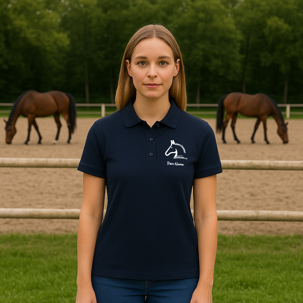Poloshirt 100% Baumwolle - Navy Blau mit Vereinslogo Moorriemer Reitklub
